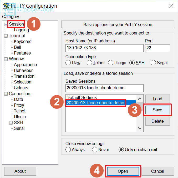 在Putty設定此次要SSH遠端連線的資訊-linodev2066