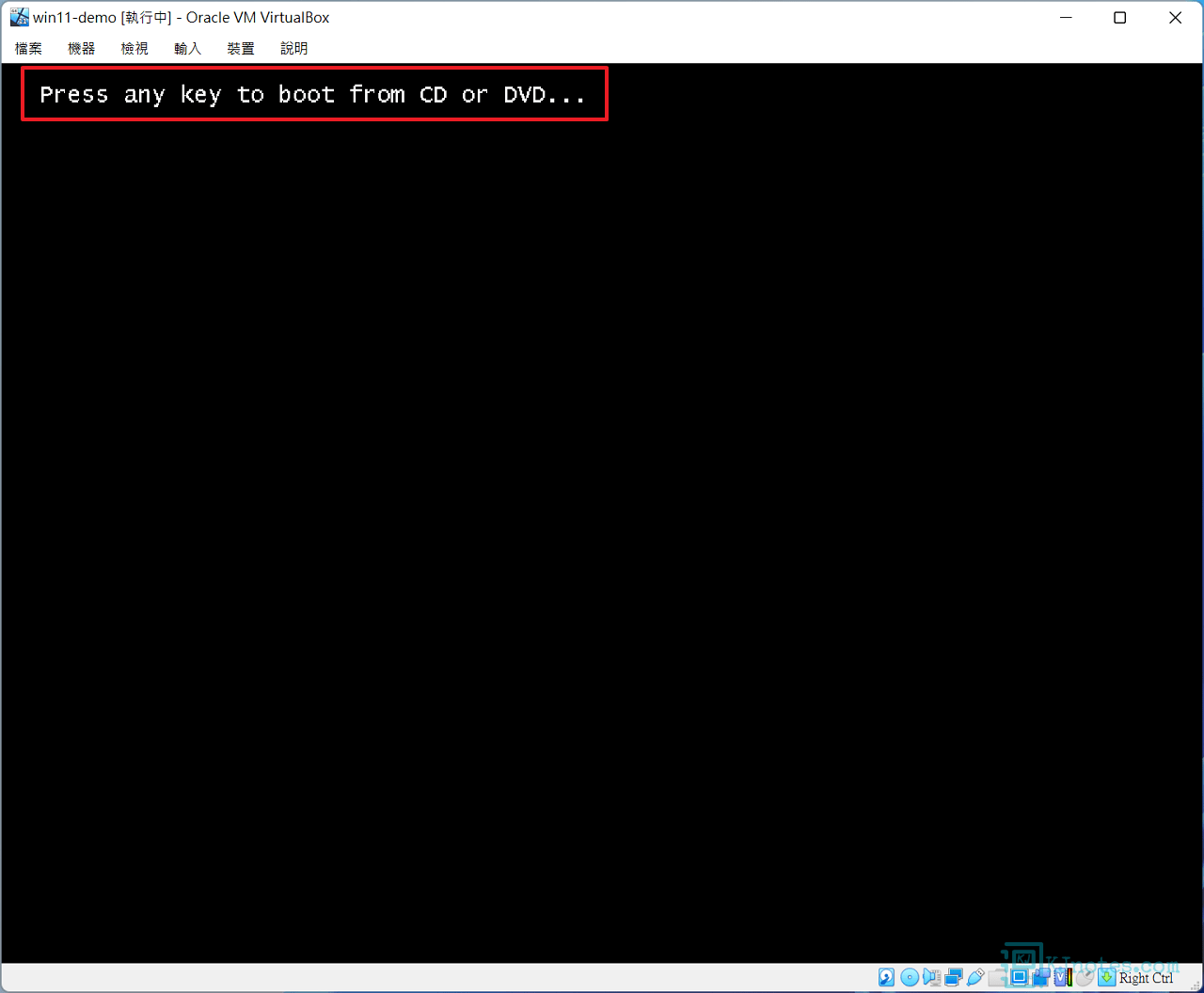 按下任意鍵以使用光碟映像檔開機-vboxaddwin11053
