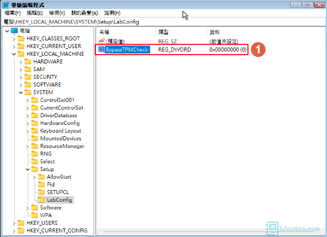 將新的DWORD(32-位元)改成BypassTPMCheck值-vboxaddwin11075