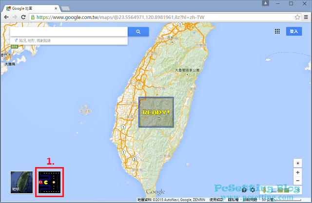 在Google Maps地圖上玩經典的遊戲Pac-Man-電腦版瀏覽器-gmappacman-001