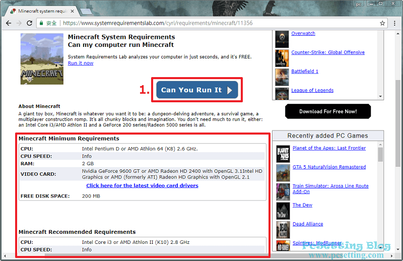 假如您瀏覽器上還未安裝Can You Run It的檢測小工具，那僅能看到您要測試遊戲的最低配備與建議配備表格-canyourunit023