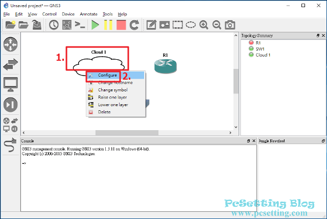 設定剛剛已拖拉至工作區的Cloud-gns3102