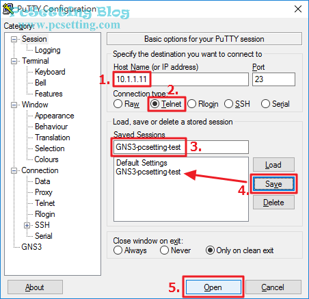 設定Putty連線，以可以使用Telnet連線至剛剛設定好的路由器-gns3113