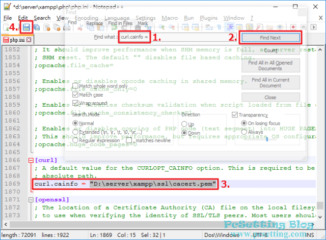 編輯PHP設定檔找到cURL及貼上你剛剛複製好的cacert憑證檔的絕對路徑位置-drupal8127