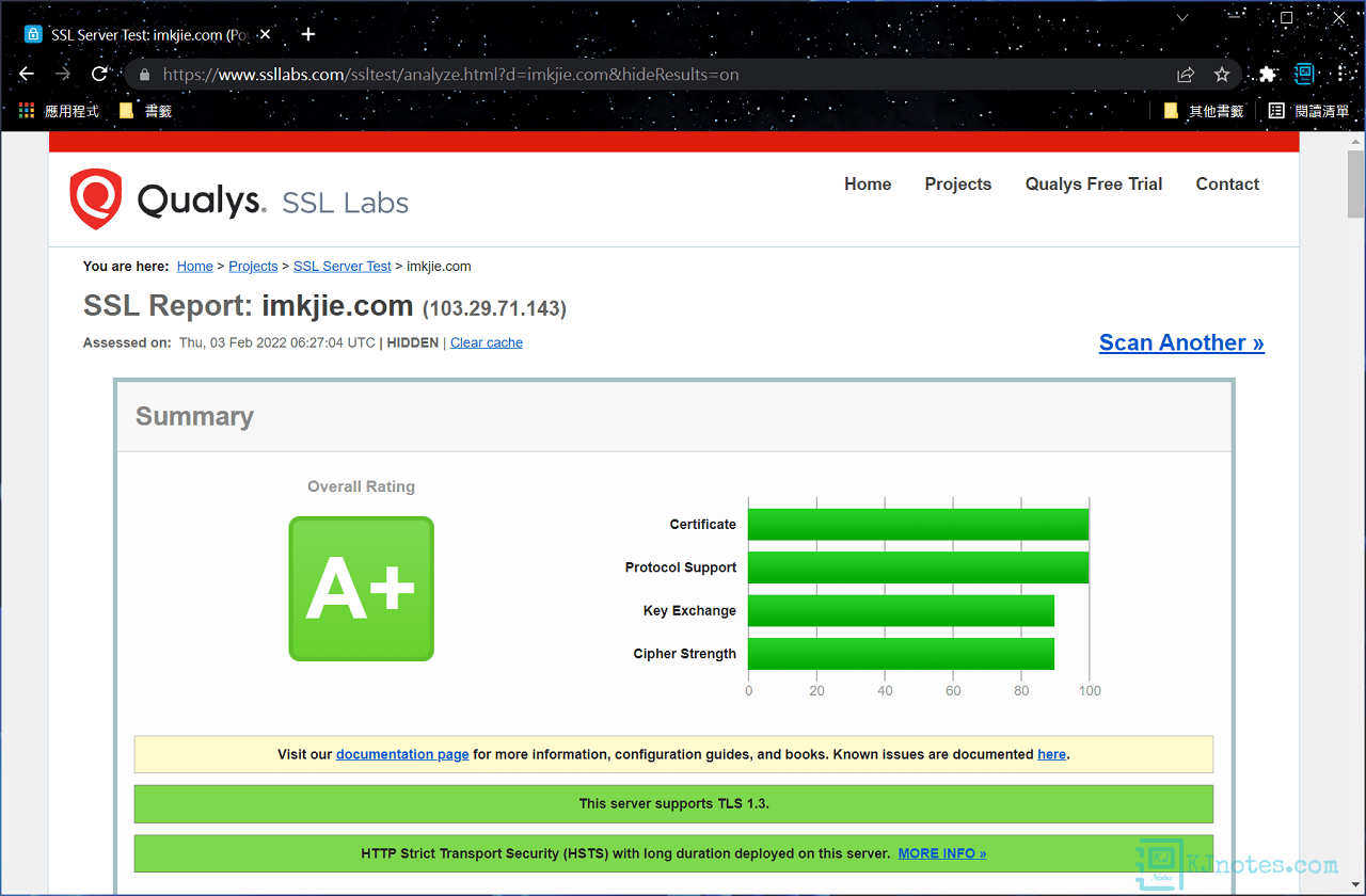 使用Nginx網頁伺服器，可看到網站獲得A+評分的檢測結果-letsencryptssl071