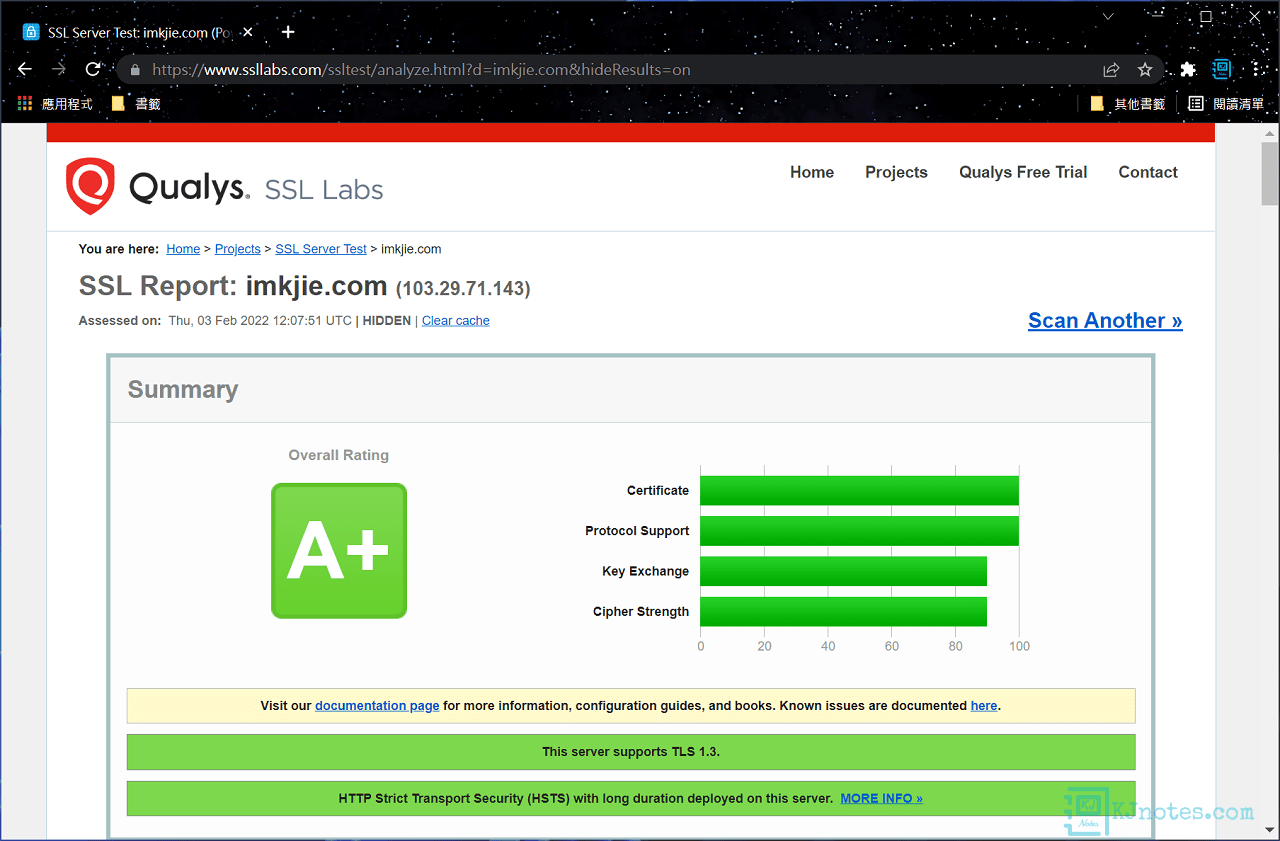 使用Apache網頁伺服器，可看到網站獲得A+評分的檢測結果-letsencryptssl081