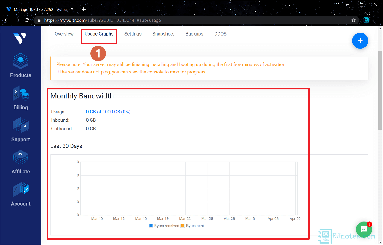 在Usage Graphs頁籤中可以看到主機過去使用資源的狀況-vultr413