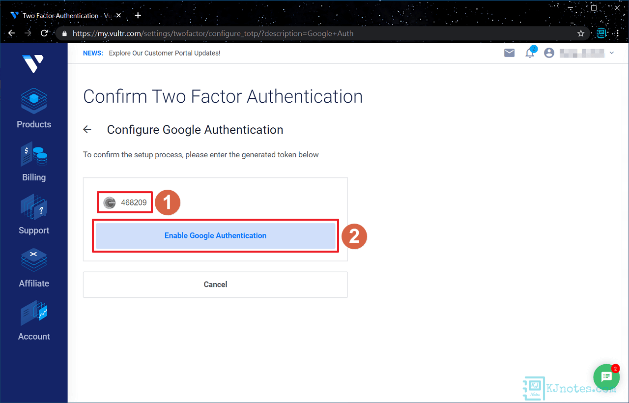 需輸入Google Authenticator App所顯示的驗證碼-vultr497