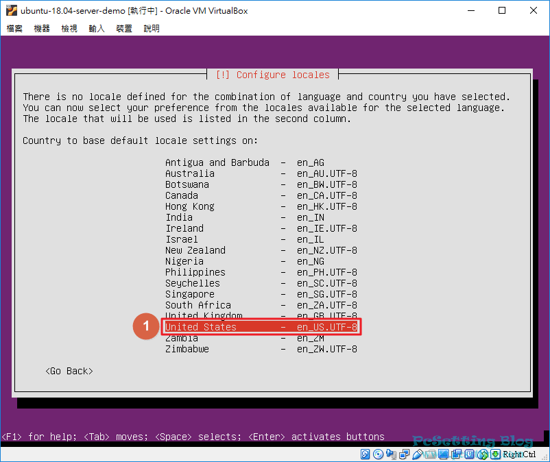 因為剛剛設定了台灣的時區，所以這邊需要再次設定你要的語言和編碼格式-vboxubuntuserver028