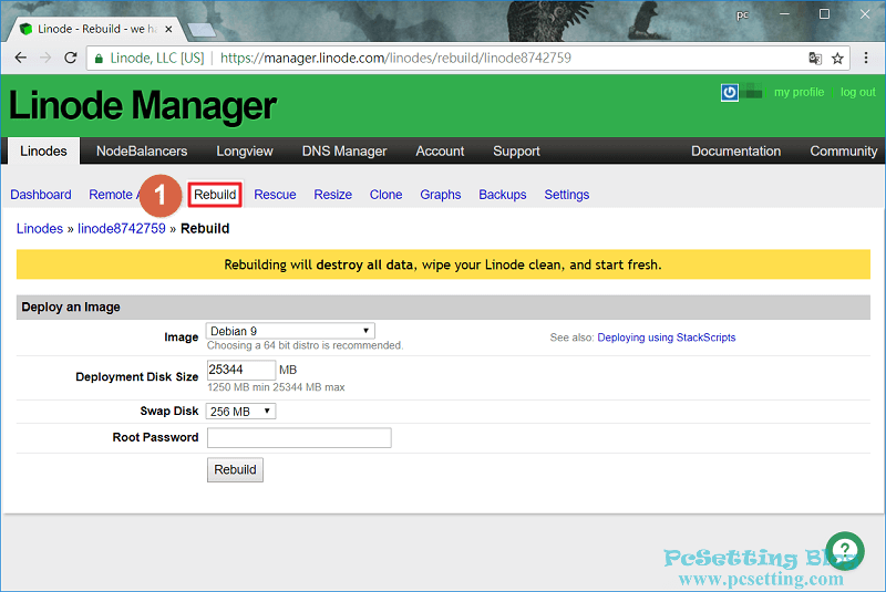 如果要更改其他的作業系統或版本，那可以在Rebuild頁籤進行更改-linode121