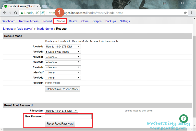 忘記root密碼？那可以在Rescue頁籤進行更改-linode122
