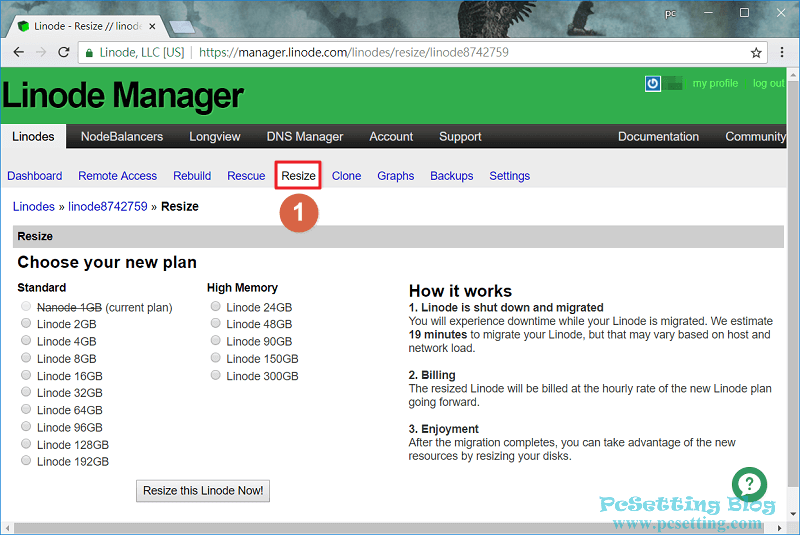 在Resiza頁籤可以更改主機的方案-linode123