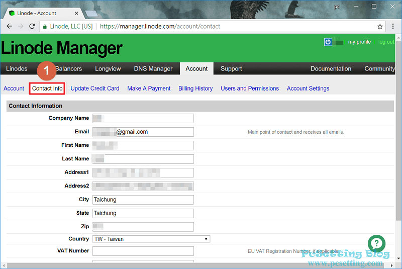 如果需要更新你的聯繫資料，那可以在Contact Info頁籤進行更改-linode182