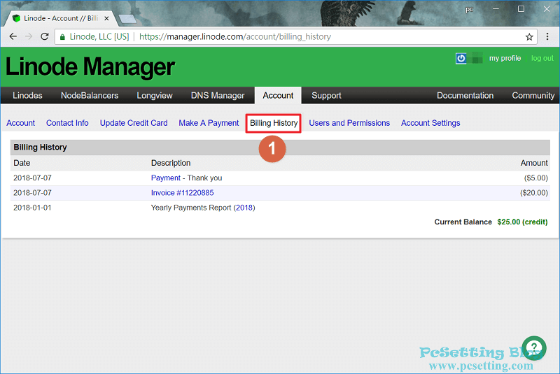 在Billing History頁籤可以查看帳單過去的歷史記錄-linode184