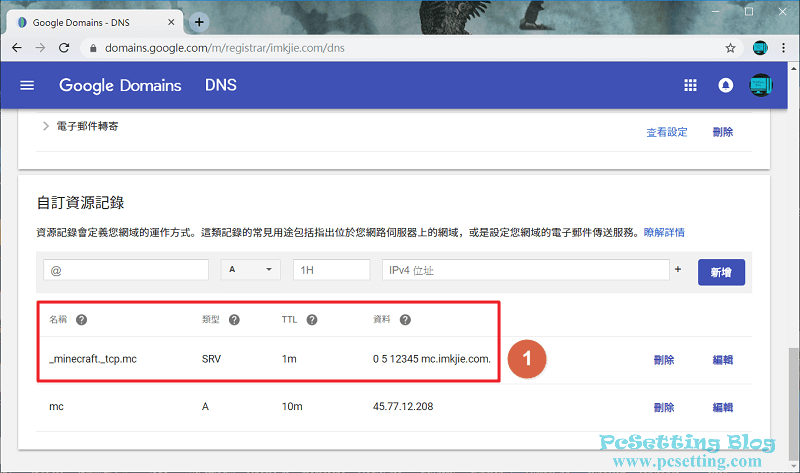 在Google Domains的DNS設定介面上設定一筆SRV記錄-mcserversrvrecord041