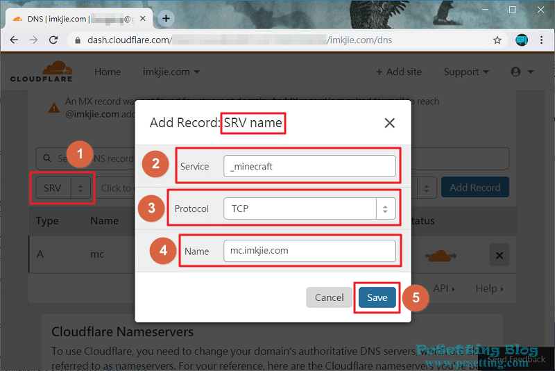 在CloudFlare的DNS設定介面上新增一筆SRV記錄及設定SRV名稱-mcserversrvrecord042