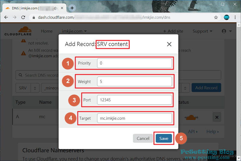 在CloudFlare的DNS設定介面上設定SRV內容-mcserversrvrecord043