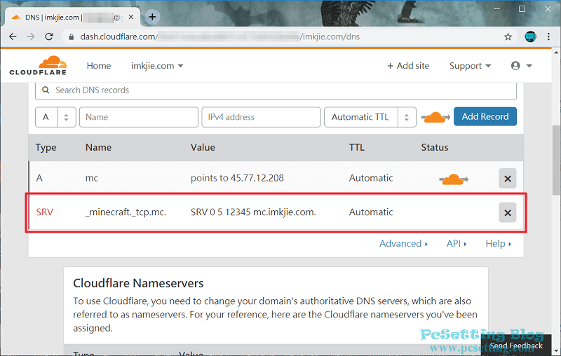 已在CloudFlare DNS新增了一筆SRV記錄-mcserversrvrecord045